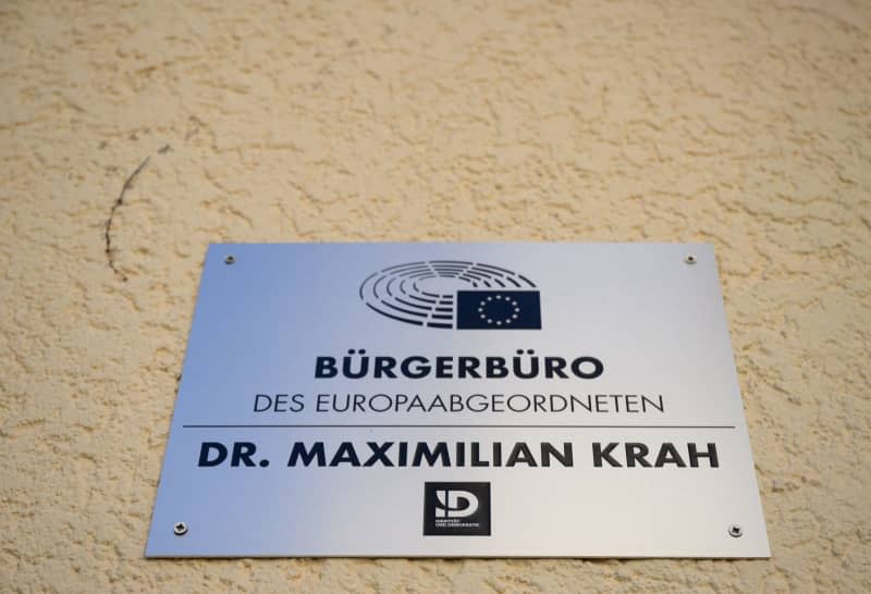 View of the door sign to the office of AfD MEP Maximilian Krah. An aide to a far-right German member of the European Parliament has been arrested on suspicion of spying for China, in the latest espionage case to come to light in Germany. Robert Michael/dpa