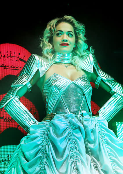 <b>Rita Ora's Emilio Pucci Radioactive tour wardrobe <br></b><br>The 22-year-old singer sported the metallic Pucci dress on stage which featured corset style top and straight arms.<br><br>© WENN