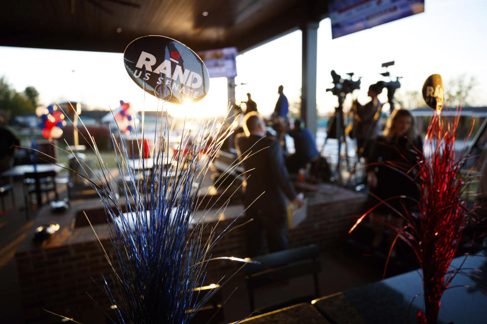 Decorations are set up for Sen. Rand Paul's, R-Ky, election night watch party at Bowling Green Country Club in Bowling Green, Ky., Tuesday, Nov. 8, 2022. (AP Photo/Michael Clubb)