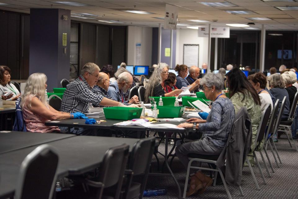 Election workers count ballots at the Pueblo County elections office on Tuesday, November 7, 2023.