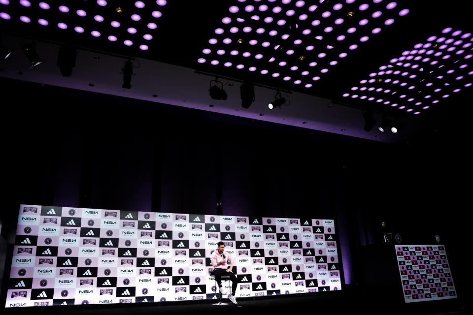 Inter Miami's Lionel Messi attends a press conference at a hotel, ahead of their friendly soccer match against Vissel Kobe in Tokyo, Tuesday, Feb. 6, 2024. (AP Photo/Shuji Kajiyama)