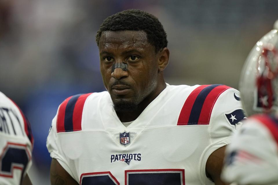 New England Patriots cornerback J.C. Jackson warms up before a game against the Houston Texans.