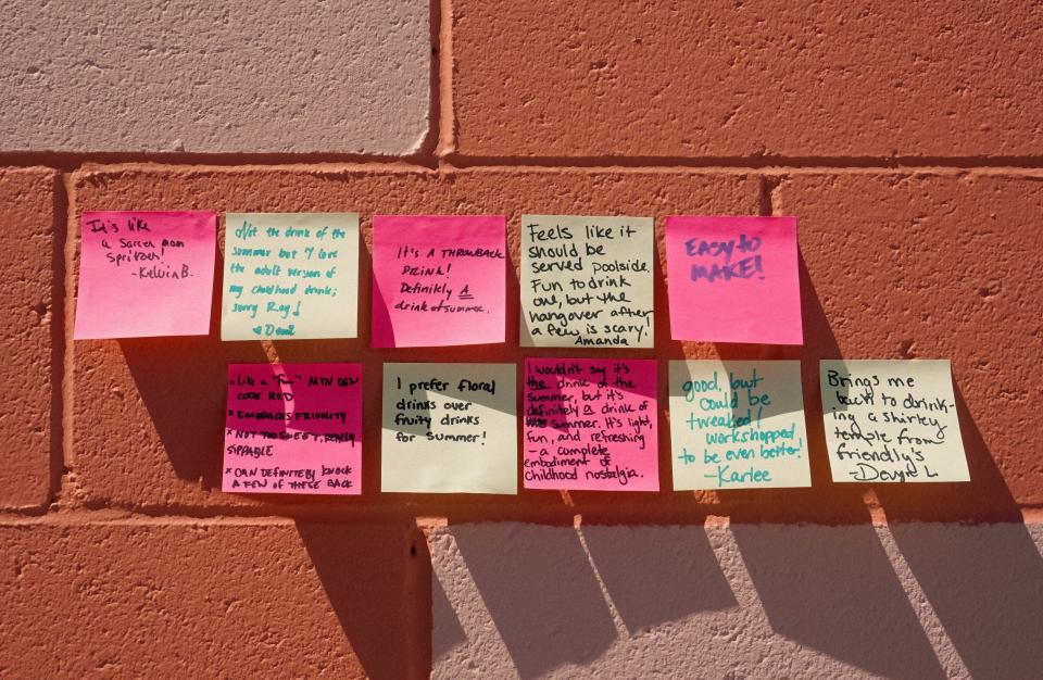 Colored Post-It notes with feedback; five notes are pink for yes, five yellow for no