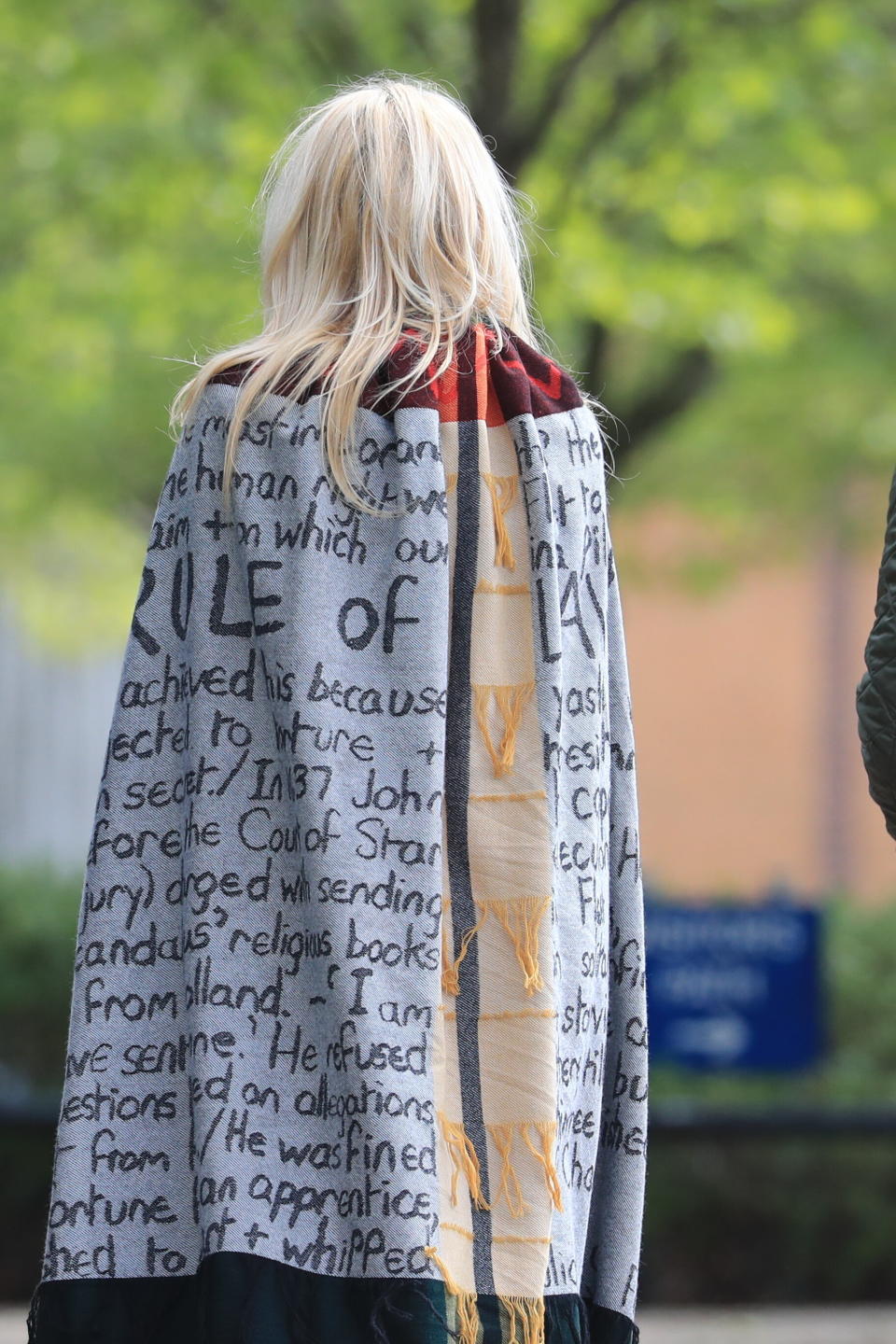 The shawl worn by US actress Pamela Anderson as she leaves Belmarsh Prison after visiting WikiLeaks founder Julian Assange. (PA)