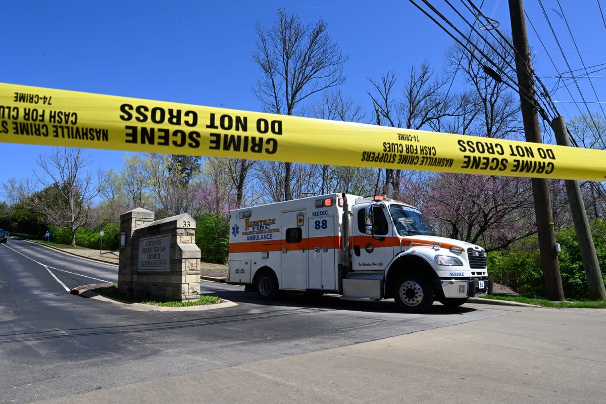 An ambulance leaves of Covenant School, Covenant Presbyterian Church, in Nashville (Copyright 2023 The Associated Press. All rights reserved)