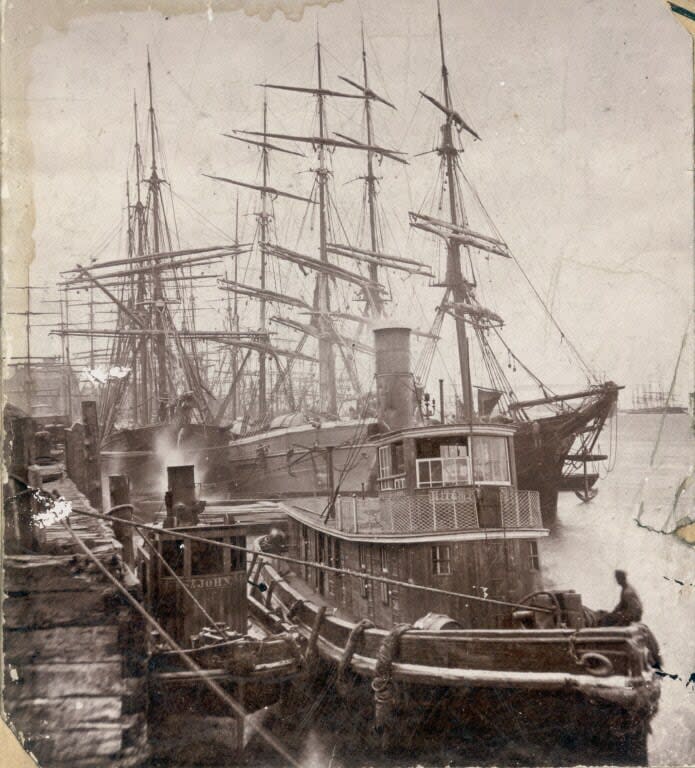 Two Saint John tugbaots, the St. John and the Hiram Perry Junior, pictured on the Saint John harbour in 1883. The safety features in the age of sail weren't quite what they are today. 