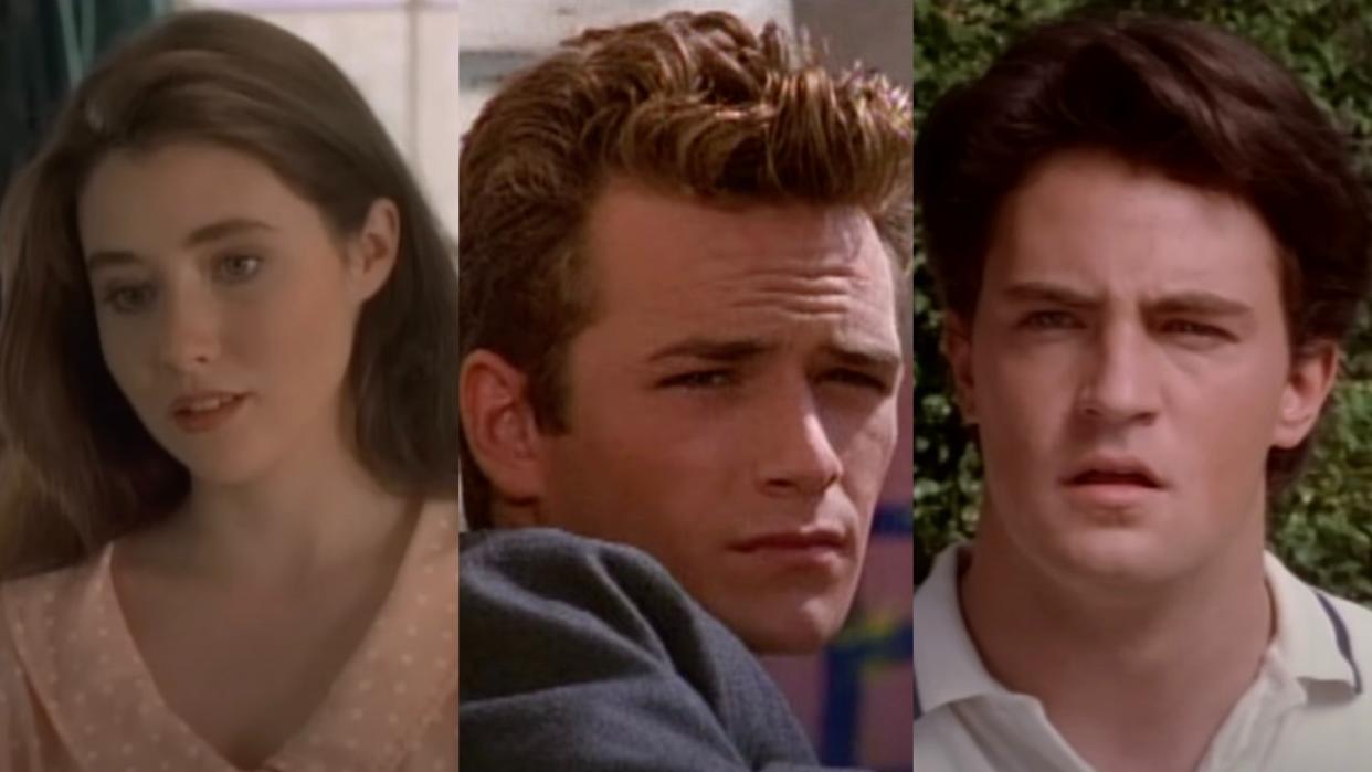  Brenda Walsh (Shannen Doherty) speaks to Brandon, Dylan McKay (Luke Perry) speaks to Brandon and Roger Azarian (Matthew Perry) speaks to his father on Beverly Hills, 90210. 