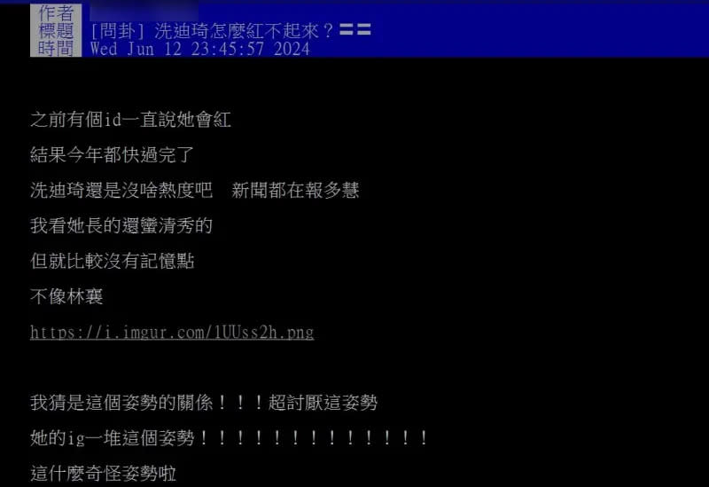 ▲網友好奇發問為何冼迪琦不會紅。（圖／PTT）