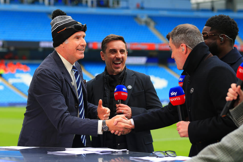 Will Ferrell interacts with Gary Neville, Micah Richards and Roy Keane prior to the Premier League match between Manchester City and Aston Villa at Etihad Stadium on February 12, 2023 in Manchester, England. (Photo by Matt McNulty - Manchester City/Manchester City FC via Getty Images)