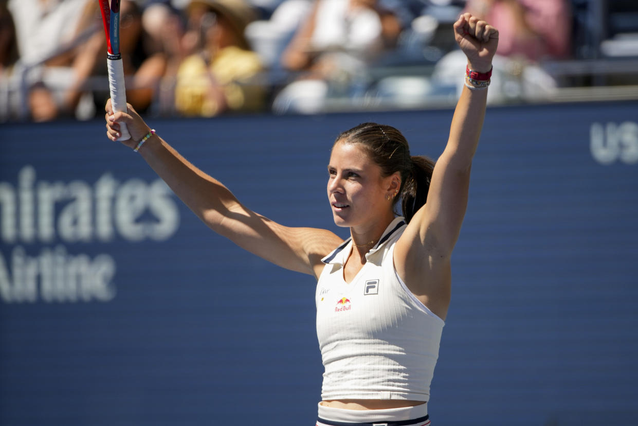 Emma Navarro, of the United States, reacts after defeating Paula Badosa, of Spain, during the quarterfinals of the U.S. Open tennis championships, Tuesday, Sept. 3, 2024, in New York. (AP Photo/Pamela Smith)