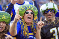 <p>The Melonheads attends the NFC Wild Card Playoff Game between the Los Angeles Rams and Atlanta Falcons at the Los Angeles Coliseum on January 6, 2018 in Los Angeles, California. (Photo by Sean M. Haffey/Getty Images) </p>