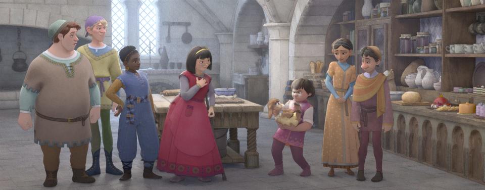 The personalities and color scheme of Asha's human friends Simon (far left), Dario, Hal, Dahlia, Gabo, Bazeema and Safi in "Wish" are patterned after the bunch from "Snow White and the Seven Dwarfs."