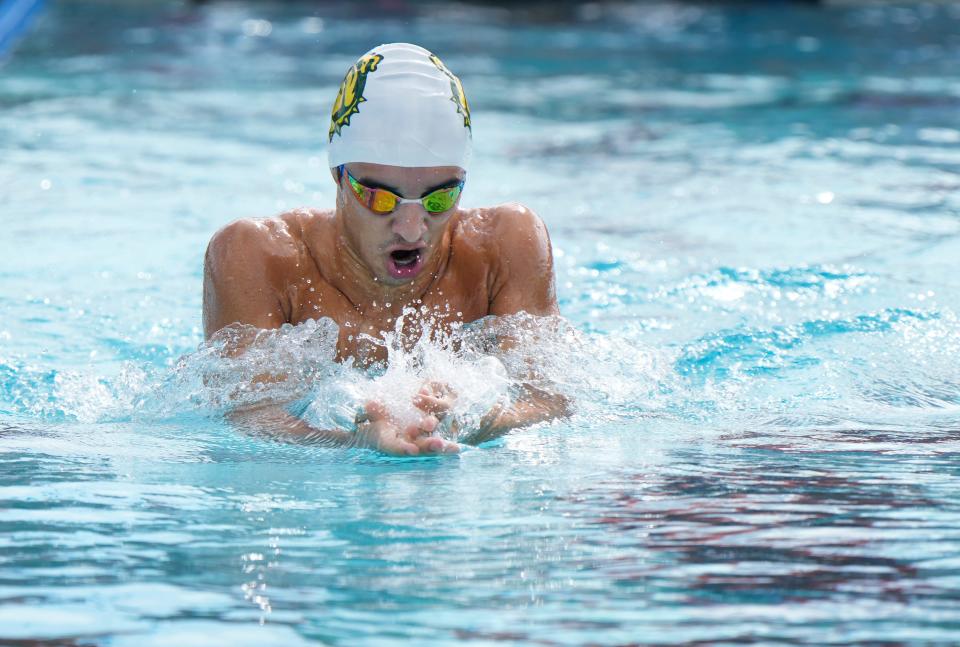 Massimo Brunacci of DeLand High School competes in the Boys 200 Yard IM race at the Record Breaker Invitational Swim Meet at Port Orange YMCA pool, Saturday, Sept. 16, 2023. 