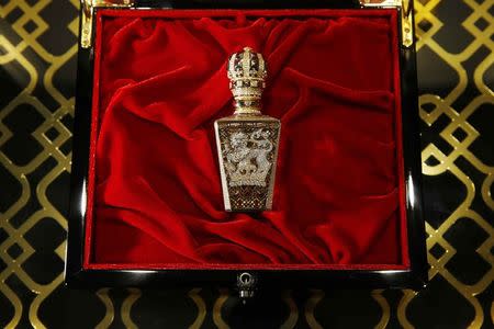 A rare perfume presentation from Clive Christian entitled "No1 Passant Guardant", at a cost of 143,000 pounds ($224,753) to be filled with either ladies or men's "No1" perfume, pictured on sale at the Salon de Parfums in Harrods, London, December 9, 2014. REUTERS/Luke MacGregor