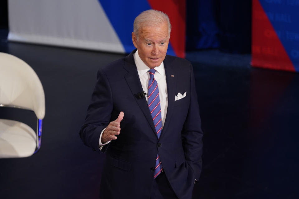 President Joe Biden participates in a CNN town hall at the Baltimore Center Stage Pearlstone Theater, Thursday, Oct. 21, 2021, in Baltimore. (AP Photo/Evan Vucci)