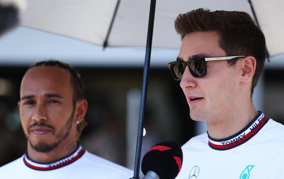 George Russell of Great Britain and Mercedes and Lewis Hamilton of Great Britain and Mercedes talk to the media ahead of the F1 Grand Prix of Azerbaijan at Baku City Circuit on June 12, 2022 in Baku, Azerbaijan. - GETTY IMAGES