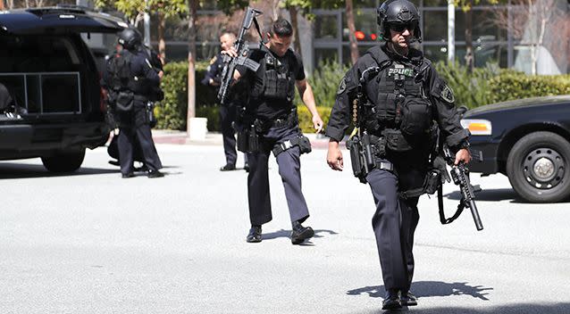 Police patrol outside outside the YouTube headquarters in San Bruno. Source: AAP