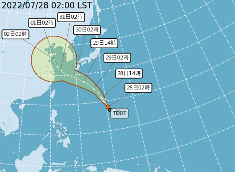熱帶性低氣壓TD07，未來有發展為輕度颱風的趨勢。（翻攝自中央氣象局網站）