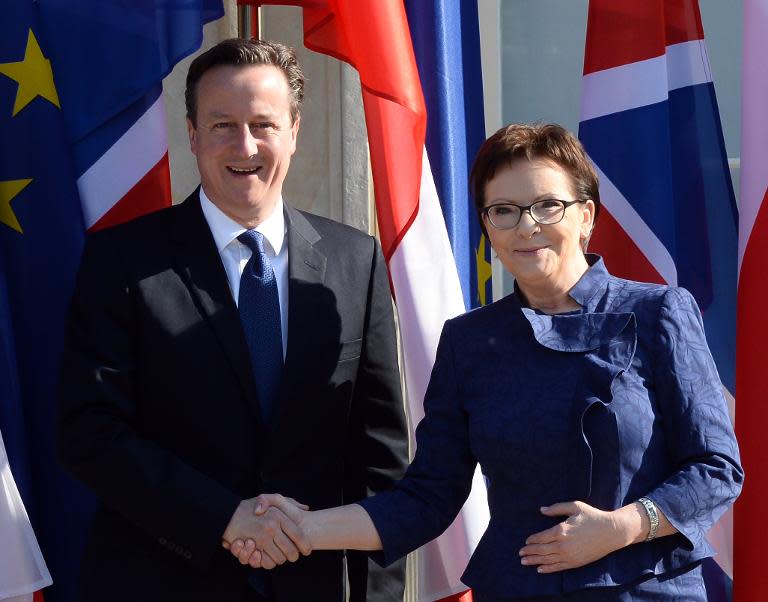 Polish Prime Minister Ewa Kopacz (R) welcomes her British counterpart David Cameron upon his arrival at Lazienki Palace in Warsaw on May 29, 2015