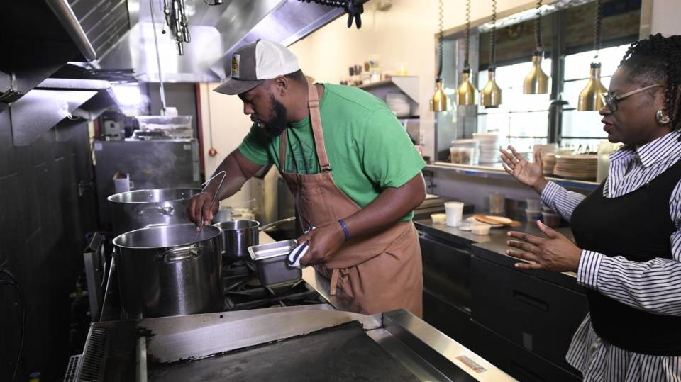 Chef Greg Collier of Leah & Louise shares his secrets to making the perfect grits with CharlotteFive reporter Emiene Wright in April 2021. Collier and Wright were filming the CharlotteFive mini series, “The Skillet: How Black Cuisine Became America’s Supper.”