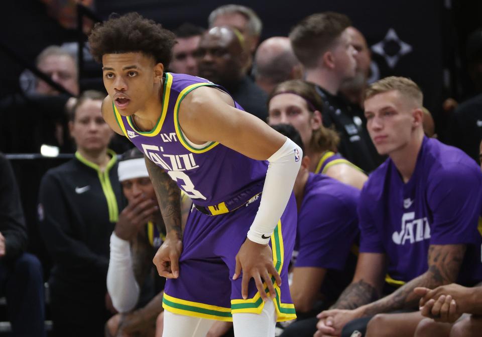 Utah Jazz guard Keyonte George (3) waits for the ball against the Sacramento Kings in Salt Lake City on Wednesday, Oct. 25, 2023. | Jeffrey D. Allred, Deseret News