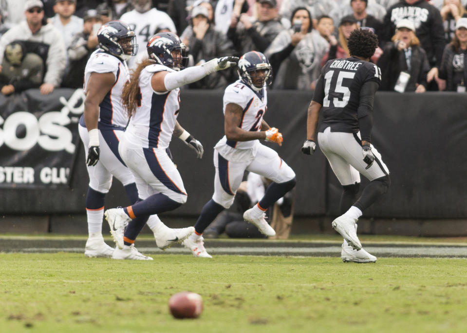 <p>Oakland Raiders wide receiver Michael Crabtree (15) taunts Denver Broncos cornerback Aqib Talib (21) after the incident on the sidelines during the first quarter at Oakland Coliseum. Mandatory Credit: Neville E. Guard-USA TODAY Sports </p>