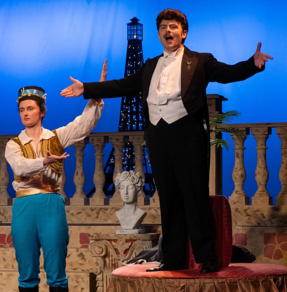 Nathan Tilton plays Danilo and Caroline Hawthorne plays Njegus in "The Merry Widow," a Highfield Theater for the College Light Opera Company.