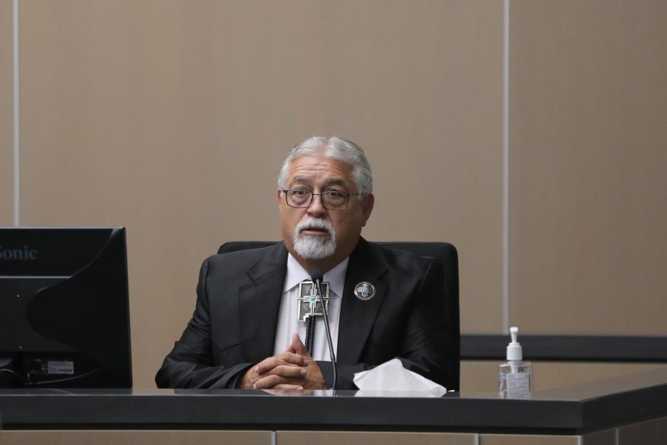 New Mexico Sen. David Gallegos testifies during a gerrymandering trial, Sept. 27, 2023 in Lea County District Court.