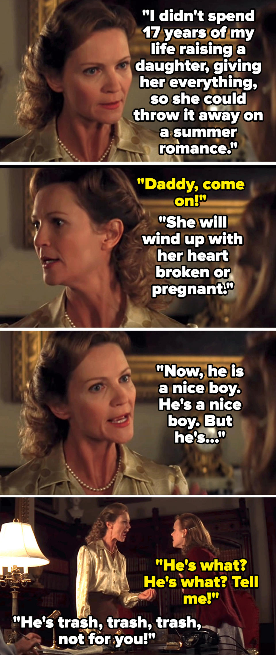 Four-panel image of Elizabeth McGovern in a period costume, engaged in a heated conversation with Gillian Anderson, who's wearing a modern jacket. They appear distressed