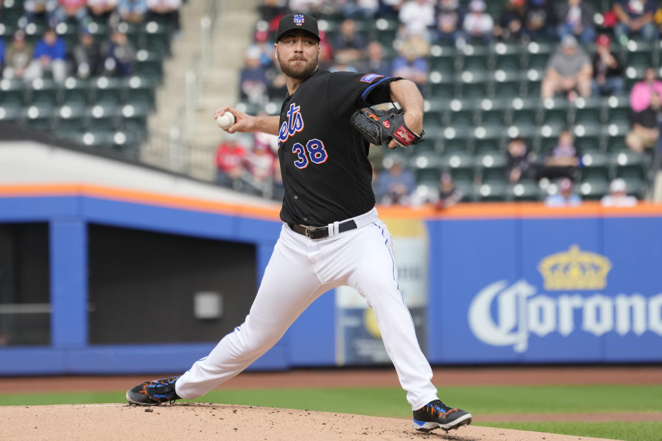 New York Mets pitcher Tylor Megill delivers against the Philadelphia Phillies during the first inning of the first game of a baseball doubleheader, Saturday, Sept. 30, 2023, in New York. (AP Photo/Mary Altaffer)