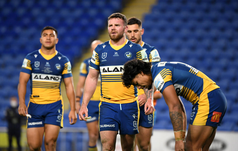 Eels players react following a Raiders try during the Round 19 NRL match between the Parramatta Eels and the Canberra Raiders at CBus Stadium, on July 22, 2021. (AAP Image/Dave Hunt)