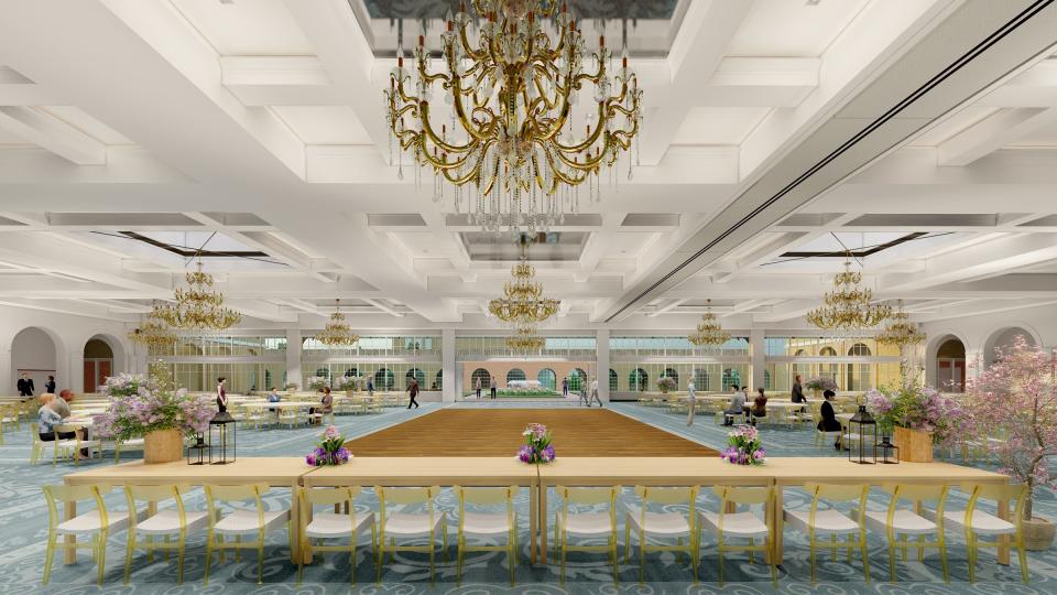 A rendering of the 17,000-square-foot Monarch ballroom with glass skylights and a 200-foot glass wall that will open to a courtyard with casual seating and fire pits. It can accommodate up to a 700-person reception or up to 1,500 seated attendees for activities including a concert, conference or speech.