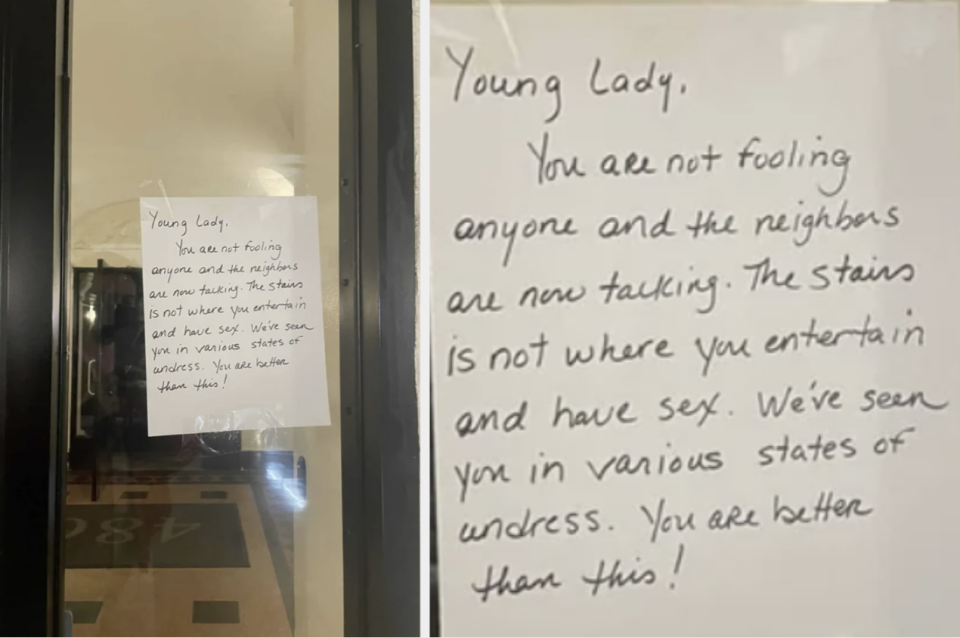 A handwritten letter to a "young lady" about how "the stairs is not where you entertain and have sex; we've seen you in various states of undress"