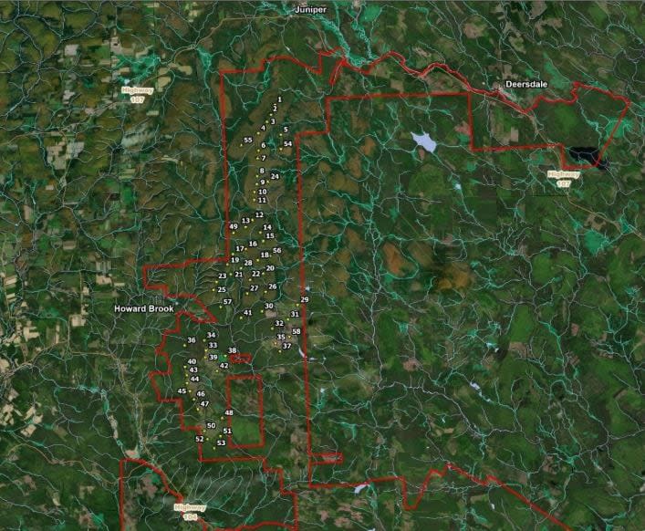 A map showing where each of the 58 turbines will be spaced out on the project site, marked by numbers.