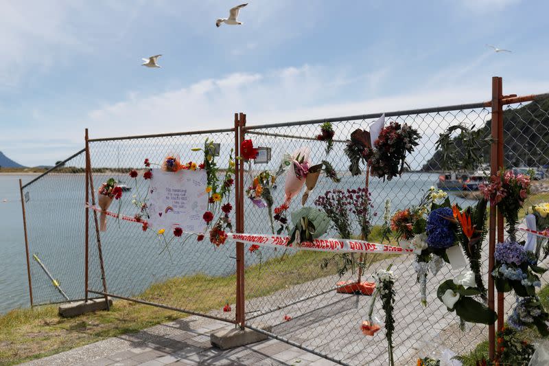 A memorial is seen at the harbour in Whakatane, following the White Island volcano eruption in New Zealand