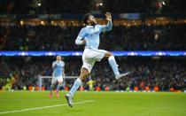 Football Soccer - Manchester City v Borussia Monchengladbach - UEFA Champions League Group Stage - Group D - Etihad Stadium, Manchester, England - 8/12/15 Raheem Sterling celebrates after scoring the third goal for Manchester City Reuters / Darren Staples Livepic EDITORIAL USE ONLY.