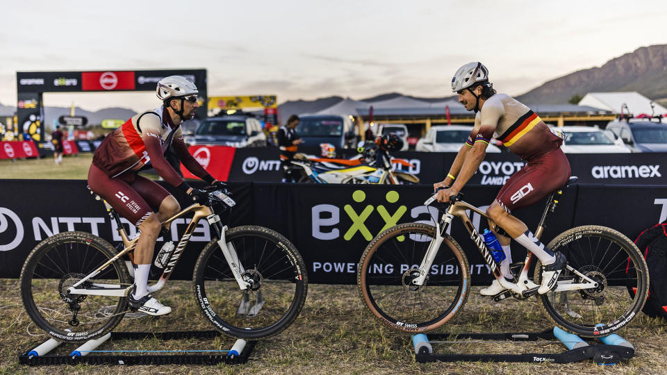 LTD Canyon Lux World Cup CFR Untamed edition carbon XC marathon mountain bike for Cape Epic, pre-race rollers