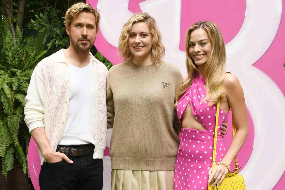 <p>Jon Kopaloff/Getty I</p> Ryan Gosling, Greta Gerwig and Margot Robbie at a <em>Barbie</em> photo call on June 25, 2023