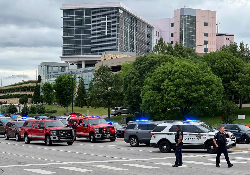 Emergency personnel respond to the scene of the mass shooting at Saint Francis Hospital in Tulsa