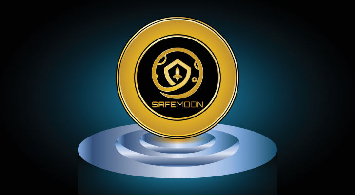 Safemoon crypto coin with golden colour and dark background. SFM-USD stock.