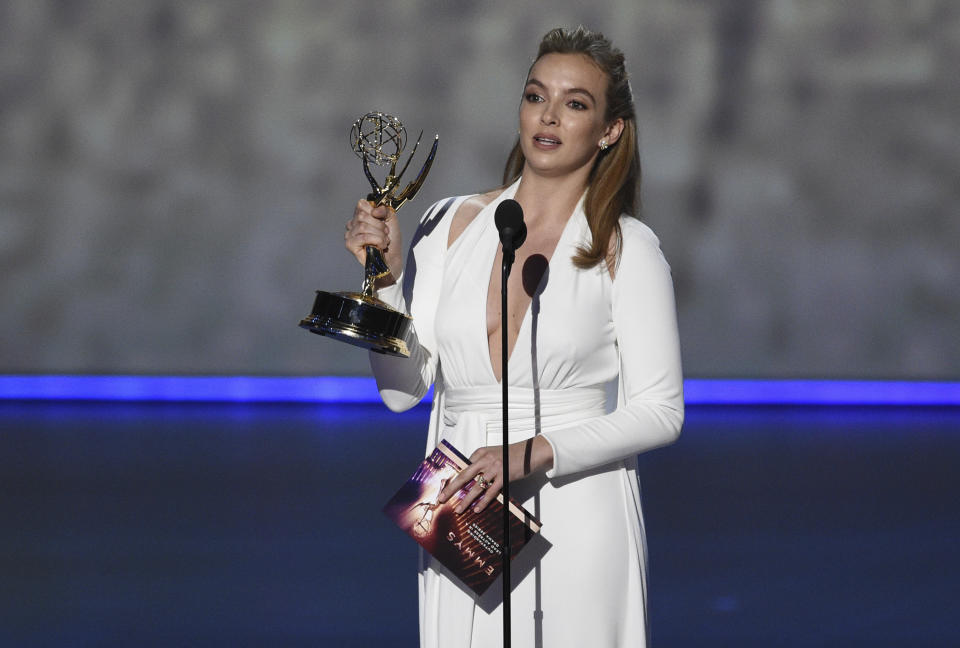 Jodie Comer accepts the award for outstanding lead actress in a drama series for "Killing Eve" at the 71st Primetime Emmy Awards on Sunday, Sept. 22, 2019, at the Microsoft Theater in Los Angeles. (Photo by Chris Pizzello/Invision/AP)