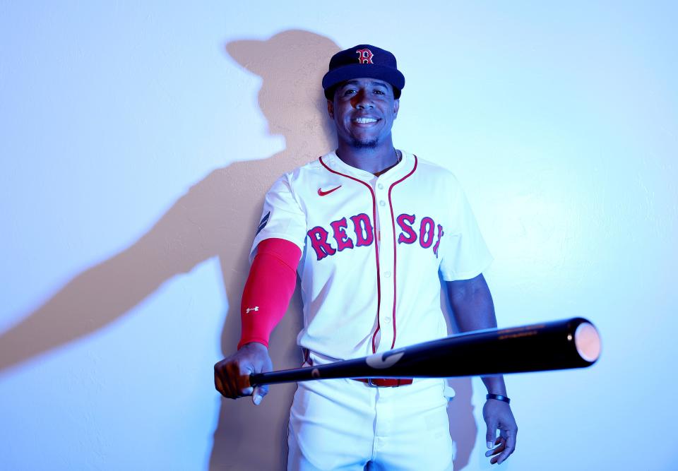 FORT MYERS, FLORIDA - FEBRUARY 20: Enmanuel Valdez #47 of the Boston Red Sox poses for a portrait at JetBlue Park at Fenway South on February 20, 2024 in Fort Myers, Florida. (Photo by Elsa/Getty Images)