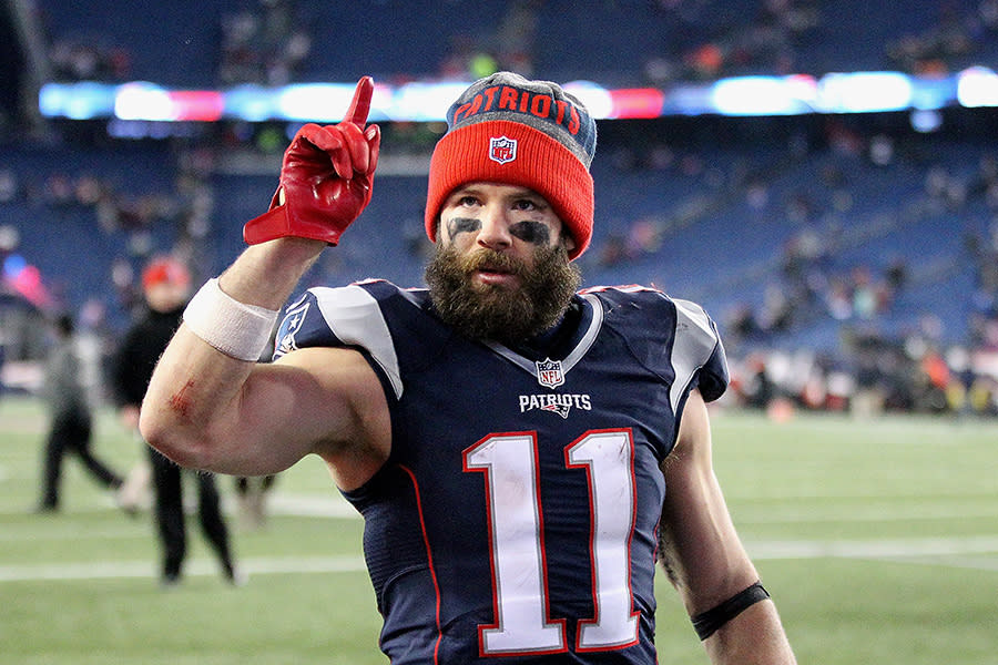 Julian Edelman recently released merchandise on his website celebrating the New England Patriots’ win. (Photo: Getty Images)