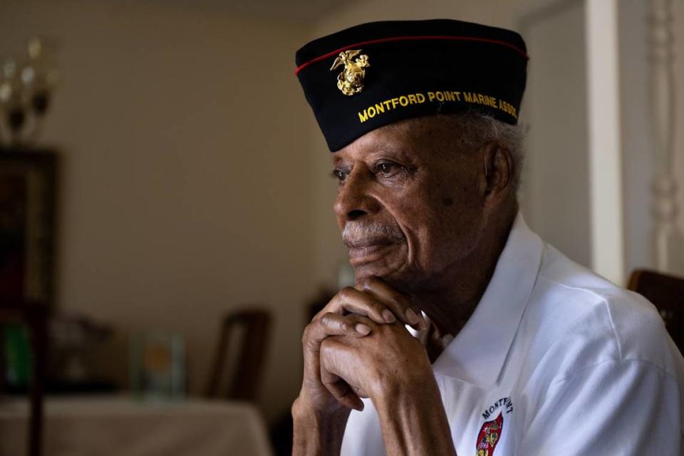 Richard Davis, 97, sits at his home in Sacramento’s Pocket-Greenhaven community on Wednesday. He’s one of the last surviving Montford Point Marines, a Black World War II unit who were the first African Americans to serve in the U.S. Marine Corps. Paul Kitagaki Jr./pkitagaki@sacbee.com