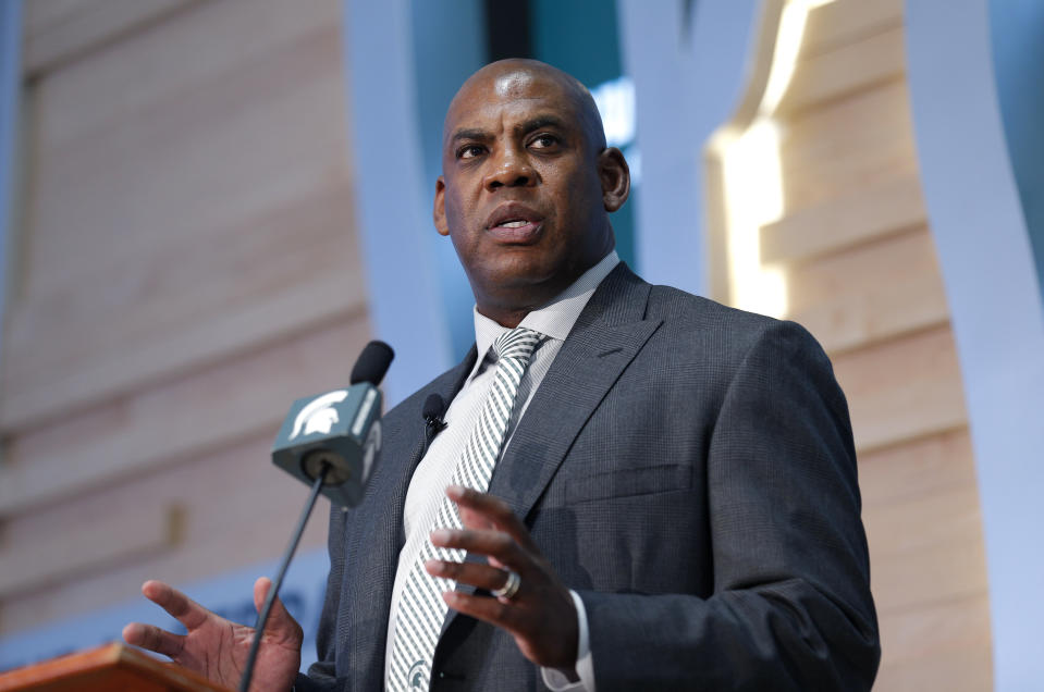 Mel Tucker, Michigan State's new football coach, speaks at a news conference Wednesday, Feb. 12, 2020, in East Lansing, Mich. (AP Photo/Al Goldis)