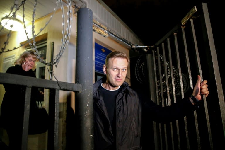 Russian opposition leader Alexei Navalny, seen here leaving a Moscow police station last month, was released from jail Sunday after serving a 20-day sentence for organising illegal protests