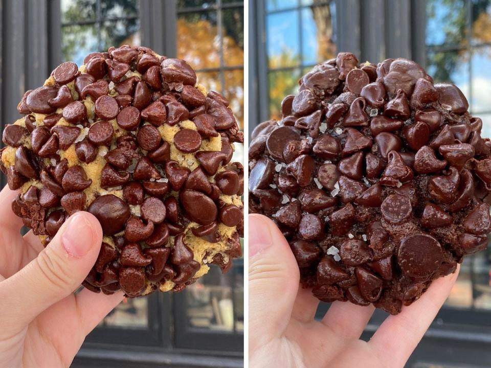 A chocolate chip and triple chocolate cookie from Gideon's Bakehouse.