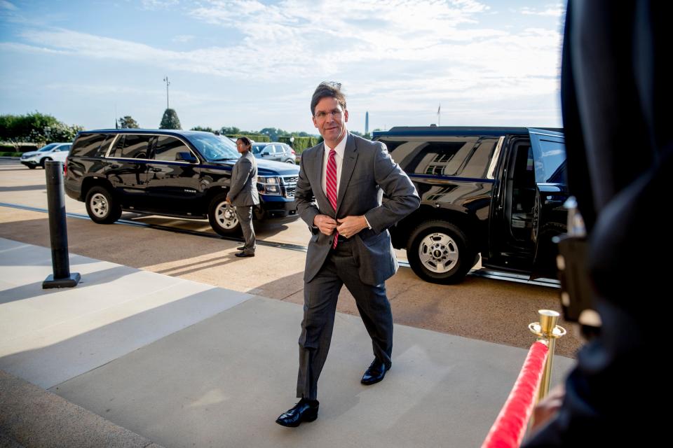 Acting Defense Secretary Mark Esper arrives at the Pentagon in Washington, Monday, June 24, 2019. (AP Photo/Andrew Harnik) ORG XMIT: DCAH107