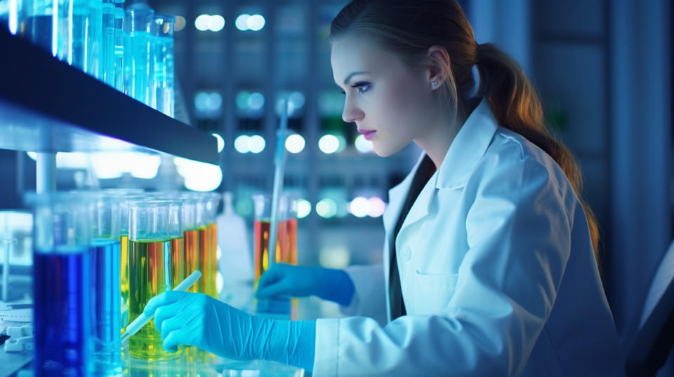 A laboratory technician monitoring quality control of finished dietary supplement products.