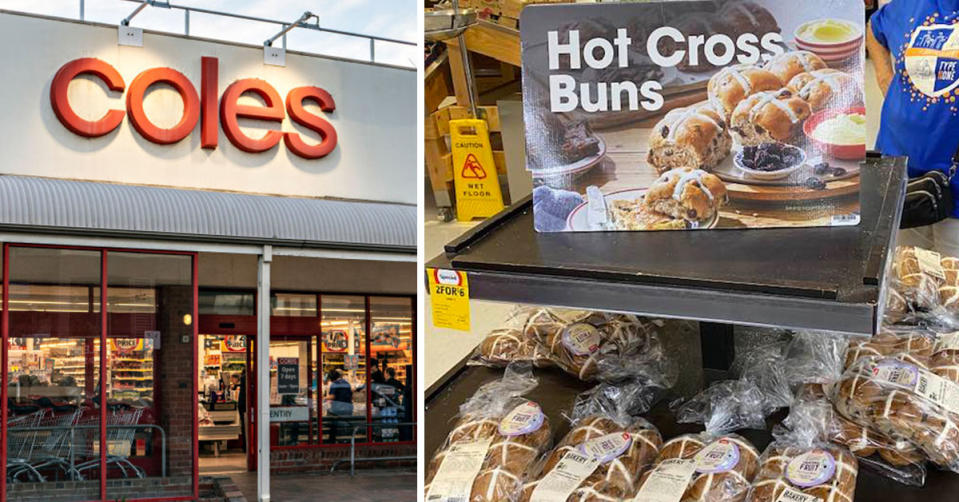 L: Coles store from the outside. R: Hot cross bun display in Coles
